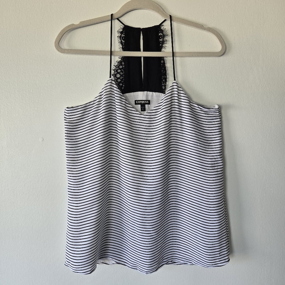 Express Black White Stripe Lace Racerback Cami Dressy Tank Top Size Small